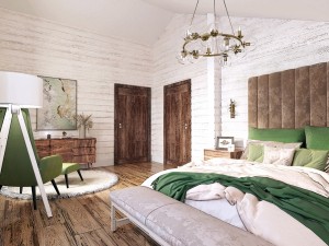 Дизайн спальни загородного дома из клееного бруса